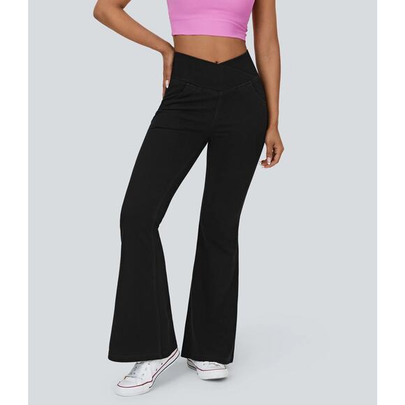 NWOT Halara Flex Super Flare Jeans High Waisted Crossover Black Womens S Petite - Picture 1 of 13